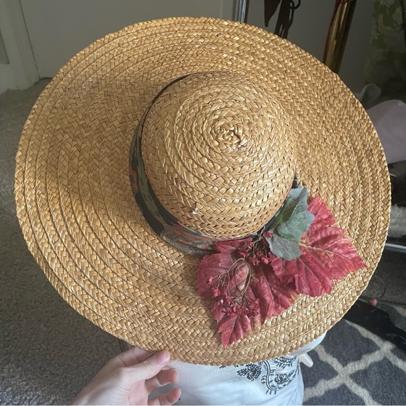 SOLD Wide Brim Sunhat with ribbon and fall leaves - Picture 2 of 10